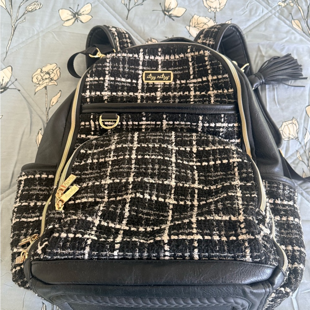 Itzy Ritzy Black & White Tweed Diaper Backpack with Gold Accents